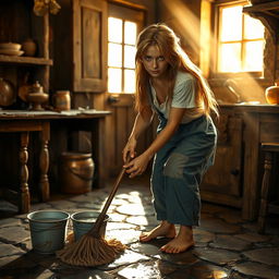 Cenerentola washing the floor, with long, unkempt blonde hair