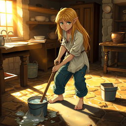 Cenerentola washing the floor, with long, unkempt blonde hair