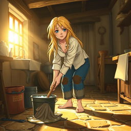 Cenerentola washing the floor, with long, unkempt blonde hair