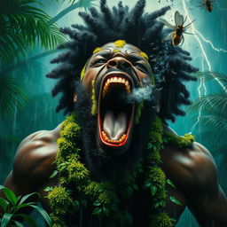 A polished, finished oil-based painting portraying an extremely close-up full-body macro view of an epic, enraged, gorgeous, ferocious muscular black-skinned, afro-headed black man