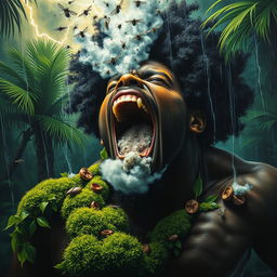 A polished, finished oil-based painting portraying an extremely close-up full-body macro view of an epic, enraged, gorgeous, ferocious muscular black-skinned, afro-headed black man