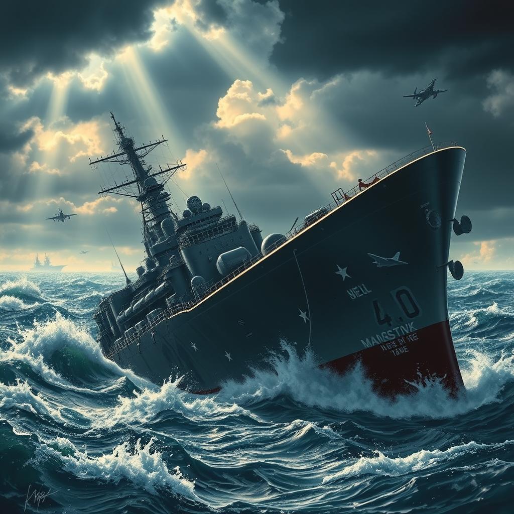 A dramatic and intense poster depicting a massive military ship sinking in turbulent waters