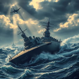 A dramatic and intense poster depicting a massive military ship sinking in turbulent waters