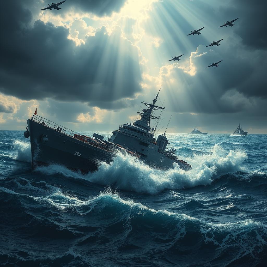 A dramatic and intense poster depicting a massive military ship sinking in turbulent waters