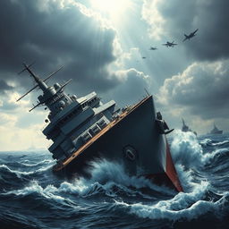 A dramatic and intense poster depicting a massive military ship sinking in turbulent waters