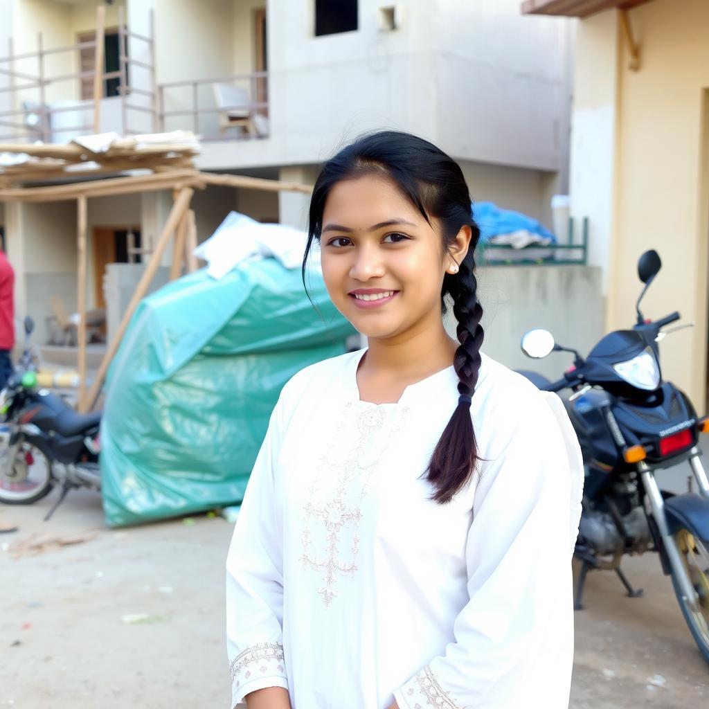 A young woman is standing outdoors in a casual setting