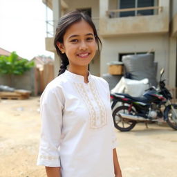 A young woman is standing outdoors in a casual setting