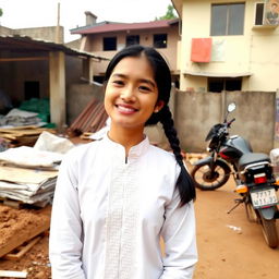 A young woman is standing outdoors in a casual setting