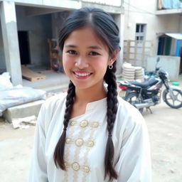 A young woman is standing outdoors in a casual setting