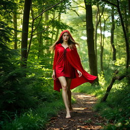 An adult version of Little Red Riding Hood walking barefoot in a lush, enchanting forest