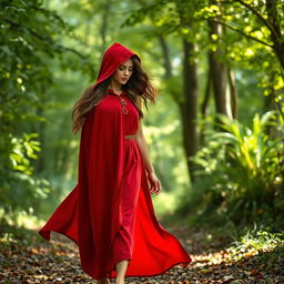 An adult version of Little Red Riding Hood walking barefoot in a lush, enchanting forest