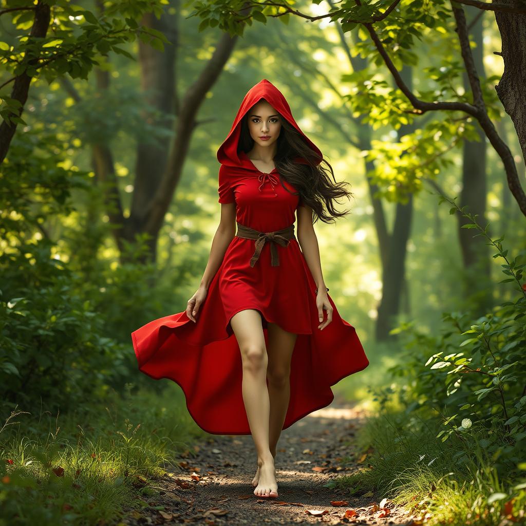 An adult version of Little Red Riding Hood walking barefoot in a lush, enchanting forest