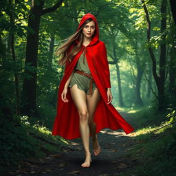 An adult version of Little Red Riding Hood walking barefoot in a lush, enchanting forest