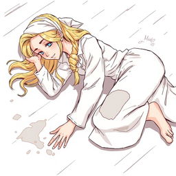 Cinderella lying on the floor cleaning, with long blonde hair, a headscarf tied around her head, wearing a dirty white shirt, patched long pants, and barefoot