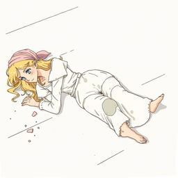 Cinderella lying on the floor cleaning, with long blonde hair, a headscarf tied around her head, wearing a dirty white shirt, patched long pants, and barefoot