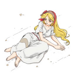 Cinderella lying on the floor cleaning, with long blonde hair, a headscarf tied around her head, wearing a dirty white shirt, patched long pants, and barefoot