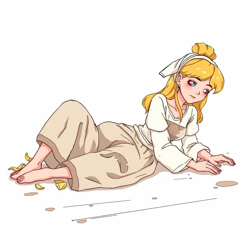 Cinderella lying on the floor cleaning, with long blonde hair, a headscarf tied around her head, wearing a dirty white shirt, patched long pants, and barefoot