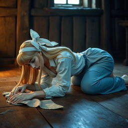 Cinderella cleaning the floor with a cloth, lying on her stomach