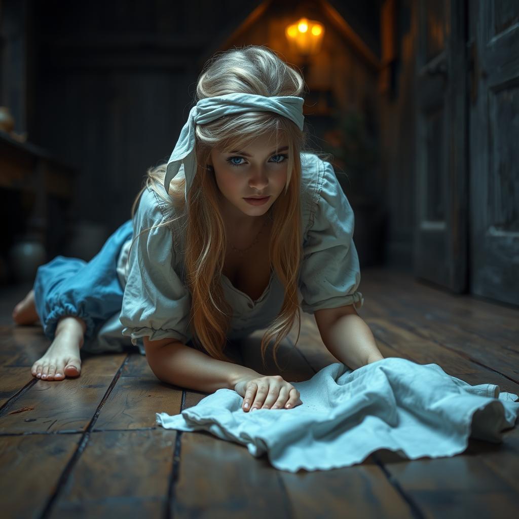 Cinderella cleaning the floor with a cloth, lying on her stomach