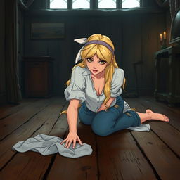 Cinderella cleaning the floor with a cloth, lying on her stomach