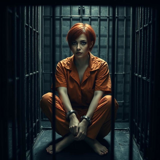 A woman sitting inside a prison cell