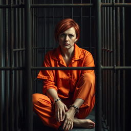 A woman sitting inside a prison cell