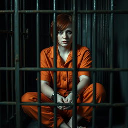 A woman sitting inside a prison cell