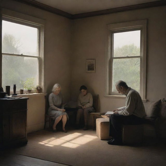 A poignant scene representing a poem about selflessness and living for others, filled with harmonious, empathetic characters in a warm, comforting environment. Ratio 16:9.