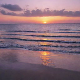 A tranquil sunset over a calm ocean, with hues of orange, pink, and purple reflecting off the shimmering waters.