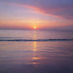 A tranquil sunset over a calm ocean, with hues of orange, pink, and purple reflecting off the shimmering waters.