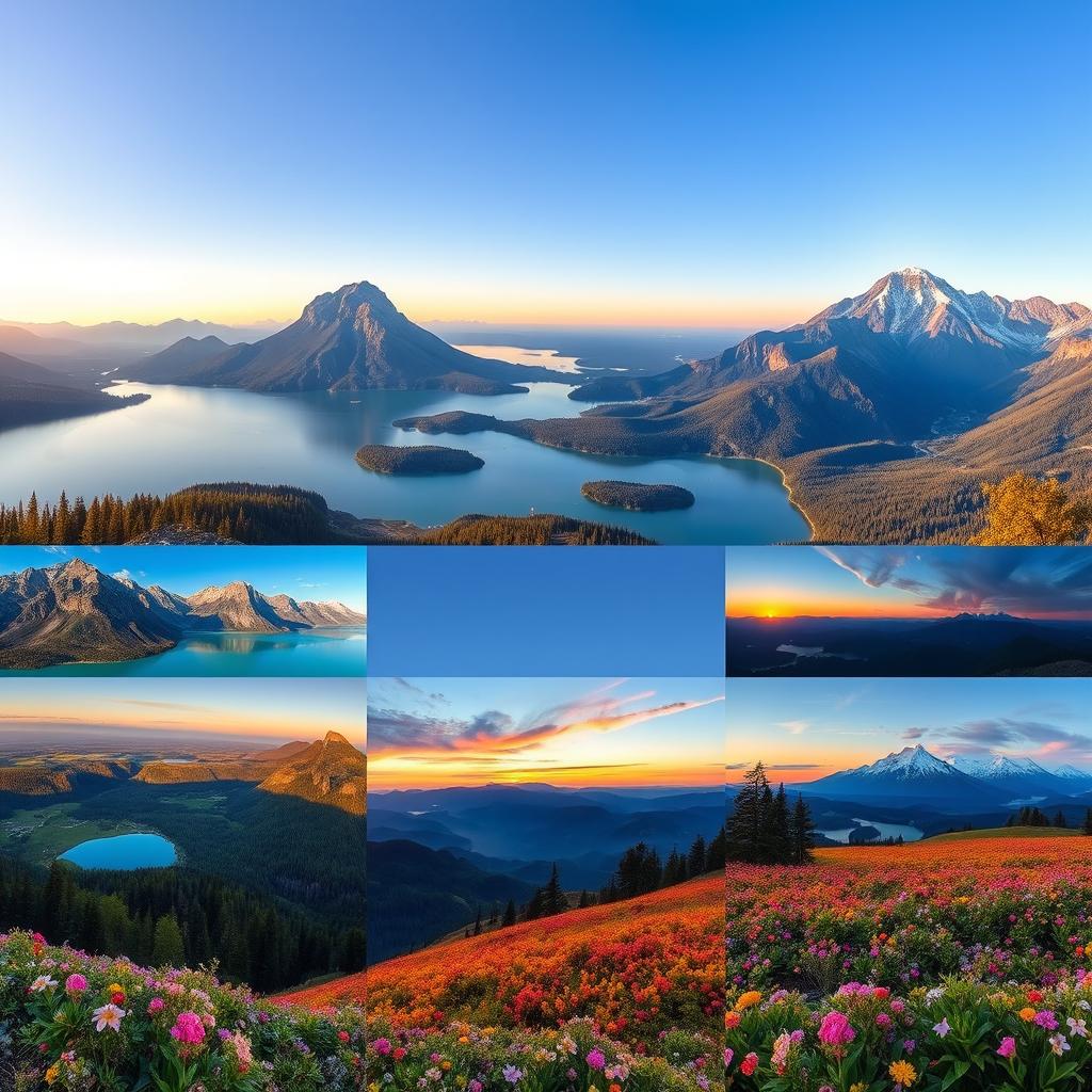 A series of beautiful landscapes featuring a variety of natural wonders, including serene lakes, towering mountains, expansive forests, and blooming fields