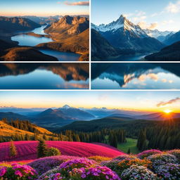 A series of beautiful landscapes featuring a variety of natural wonders, including serene lakes, towering mountains, expansive forests, and blooming fields