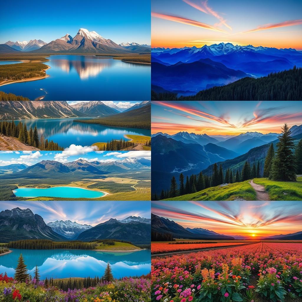 A series of beautiful landscapes featuring a variety of natural wonders, including serene lakes, towering mountains, expansive forests, and blooming fields