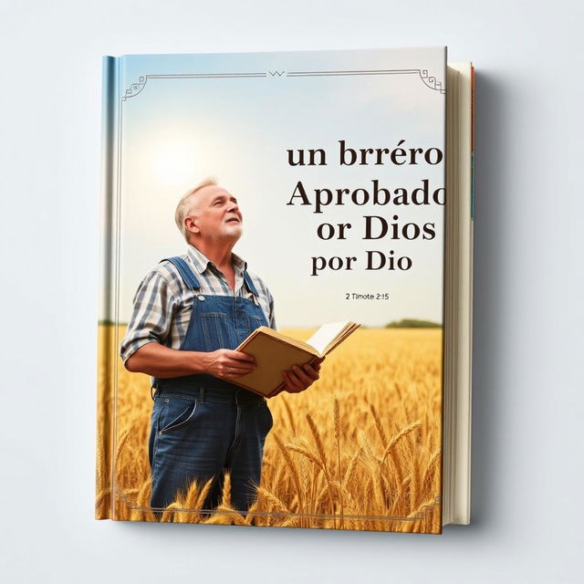 A vintage-style book cover featuring a middle-aged man in denim overalls standing in a wheat field