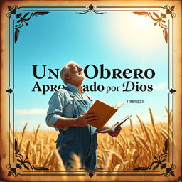 A vintage-style book cover featuring a middle-aged man in denim overalls standing in a wheat field