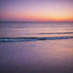 A tranquil sunset over a calm ocean, with hues of orange, pink, and purple reflecting off the shimmering waters.