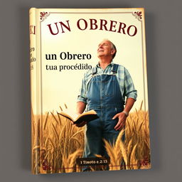 A vintage-style book cover featuring a middle-aged man in denim overalls standing in a wheat field