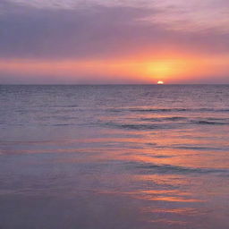 A tranquil sunset over a calm ocean, with hues of orange, pink, and purple reflecting off the shimmering waters.