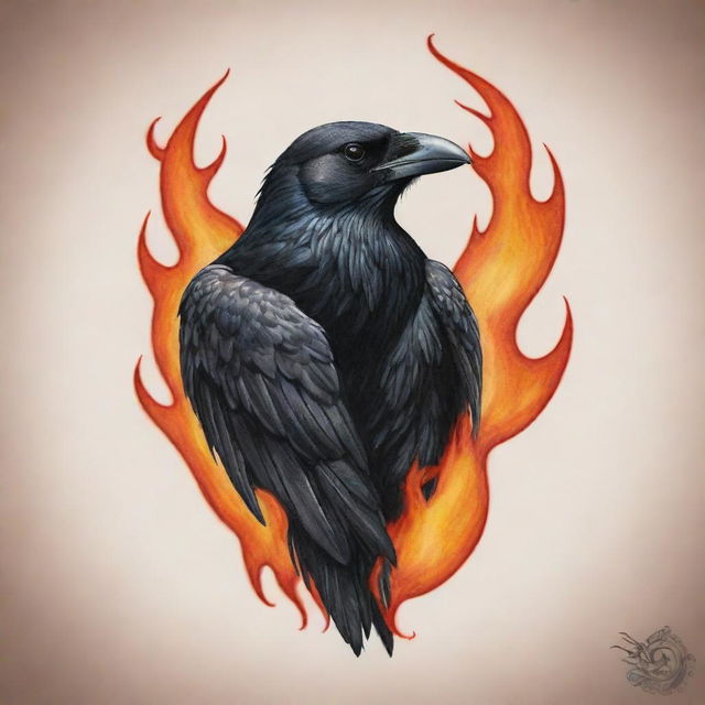 An intense tattoo design merging a crow symbol and captivating flames, suggesting untamed power and mystery.