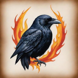 An intense tattoo design merging a crow symbol and captivating flames, suggesting untamed power and mystery.