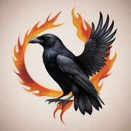 An intense tattoo design merging a crow symbol and captivating flames, suggesting untamed power and mystery.