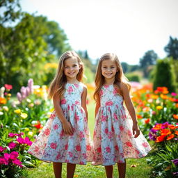 Two identical twin girls standing in a picturesque garden, wearing matching floral dresses with flowing skirts