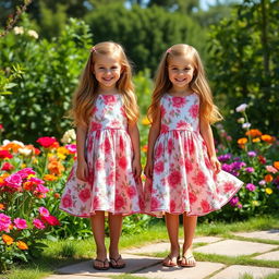 Two identical twin girls standing in a picturesque garden, wearing matching floral dresses with flowing skirts