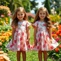 Two identical twin girls standing in a picturesque garden, wearing matching floral dresses with flowing skirts