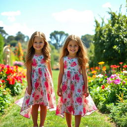 Two identical twin girls standing in a picturesque garden, wearing matching floral dresses with flowing skirts