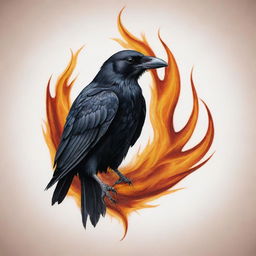 An intense tattoo design merging a crow symbol and captivating flames, suggesting untamed power and mystery.