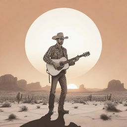 A simple, stylized line drawing of a rugged cowboy holding a guitar, standing in the vast desert with a setting sun