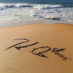 A serene beach close to the vast ocean, with the symbols '♡︎ R 2' artistically written on the sandy shore.