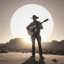 A simple, stylized line drawing of a rugged cowboy holding a guitar, standing in the vast desert with a setting sun