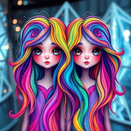 Two abstract twin girls made of swirling, vibrant colors